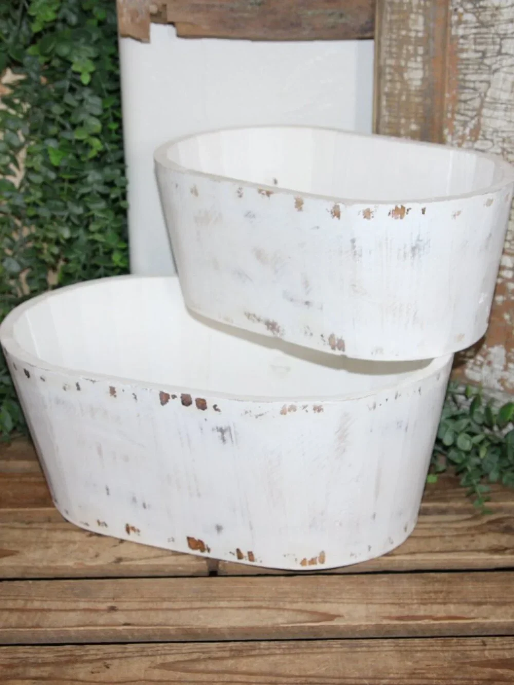 Pair of Large White Shabby Distressed Oval Wood Farmhouse Planter Buckets